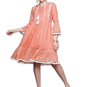 ishin Women's Cotton Peach Embroidered Fit & Flared Dress