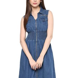 StyleStone Women's Denim Knee Length Zip Dress with Smocked Waistline (3113ZipDress)