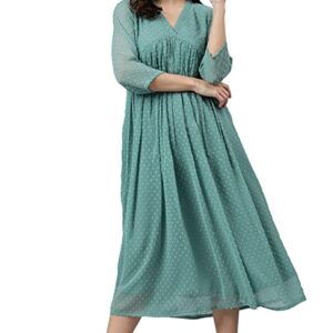 Janasya Women's Turquoise Blue Poly Chiffon Self Design Flared Western Dress