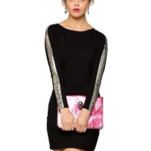 Miss Chase Women's Black Designer Super Soft Round Neck Full Sleeves Mini Bodycon Dress with Sequin Strip on Sleeves