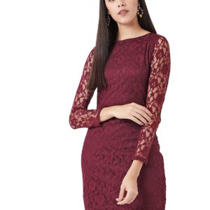 Miss Chase Women's Maroon Round Neck Full Sleeves Lace Bodycon Mini Dress